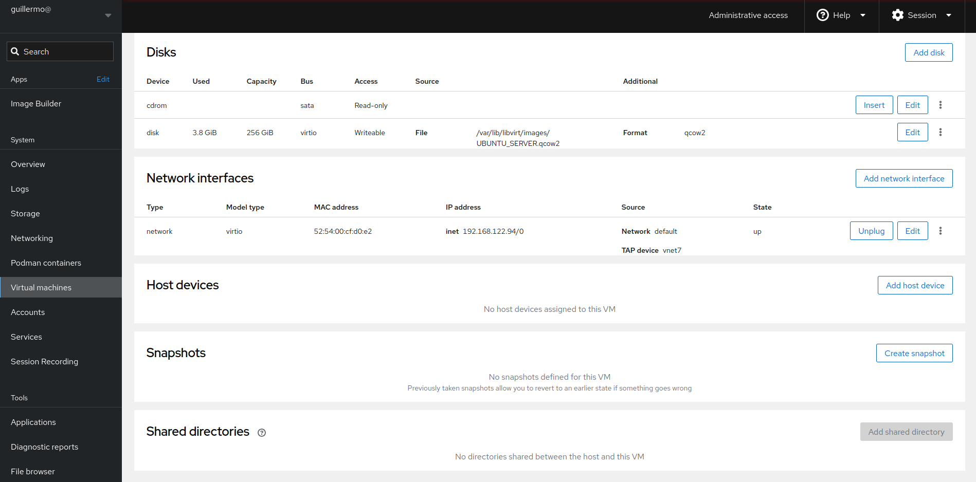 Picture of my server using cockpit
